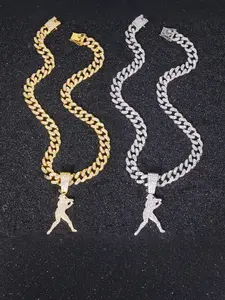 Hiphop Style Cool Baseball Full Diamond Pendant Necklace, Alloy Chain Cuban Link, Street Trend Art Culture Jewelry, Hip Hop Dance Rap
