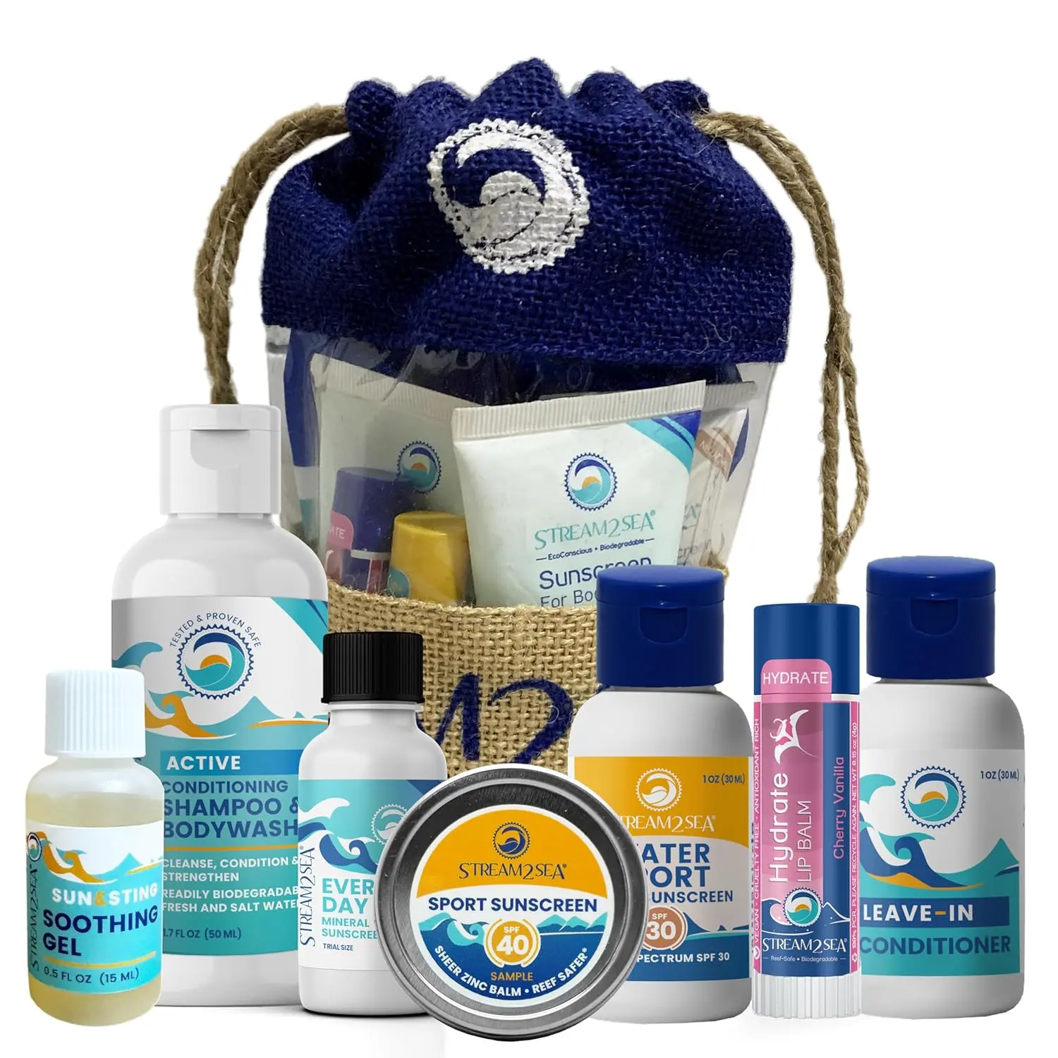 Natural Hair & Body Care Travel Gift Set - Shampoo, Conditioner, Body Wash, Everyday Mineral Sunscreen, Tinted Sunscreen, Sun & Sting Soothing Gel, Hydrating Lip Balm for Outdoor Activities