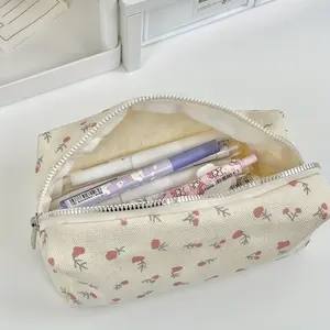 Cute Floral Canvas Pencil Case, Large Capacity Student Stationery Storage Box, Zipper Closure, Perfect for Pens and School Supplies, Pencil Bag