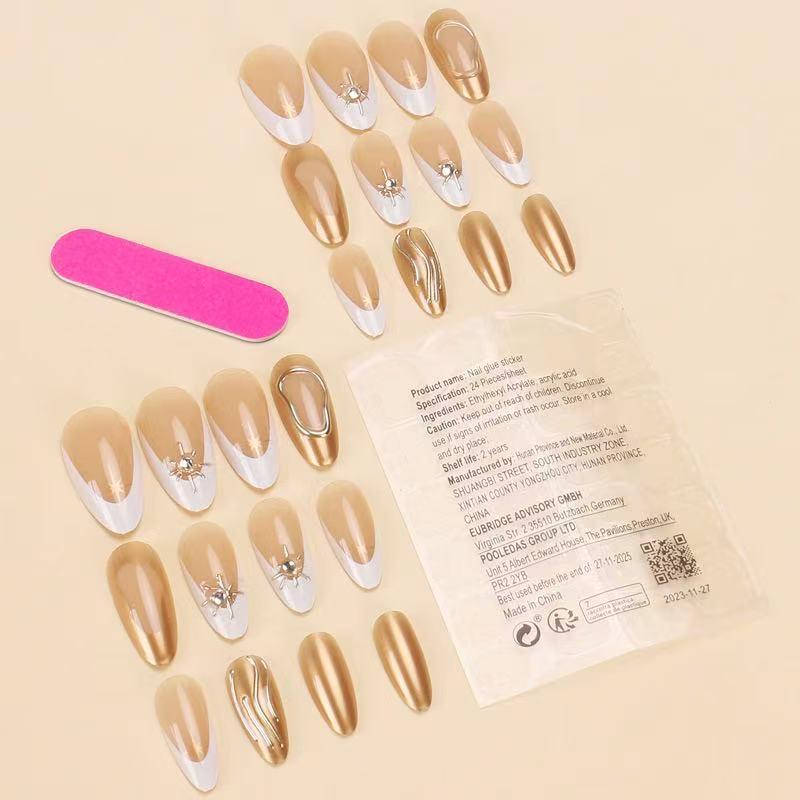 Jelly Gel  Stickers, French Style White-tipped French manicure, almond shape Nude-colored press-on  3D gold moon and star design Glitter French tips Shiny, reusable adhesive  set 24 pieces per pack nail Nail Tips Rhinestone