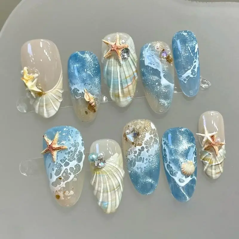 Blue Ocean Wave Press On Nails - 3D Starfish & Shell Decorated Nail Design Medium Almond False Nails Fake Nail