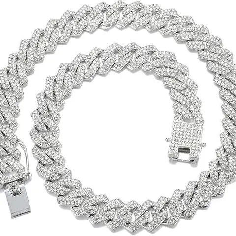 Unisex 12mm Iced Out Cuban Link Choker - Prong-Set AAAAA Rhinestone Miami Bling Stainless Steel Hip Hop Chunky Necklace, 18-24in (18in=45cm) Geometric Cubanchain Necklace for Adults, Accessories for Men & Women
