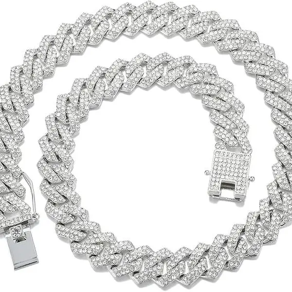 Unisex 12mm Iced Out Cuban Link Choker - Prong-Set AAAAA Rhinestone Miami Bling Stainless Steel Hip Hop Chunky Necklace, 18-24in (18in=45cm) Geometric Cubanchain Necklace for Adults, Accessories for Men & Women