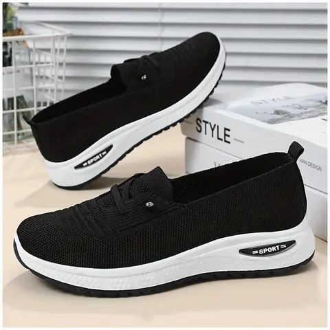 Women's Black Mesh Casual Slip-Ons - Ankle Athletic Wedge Trainers, Breathable No-Tie Non-Slip Platform Footwear, Comfortable & Sporty All Seasons Walking Shoes