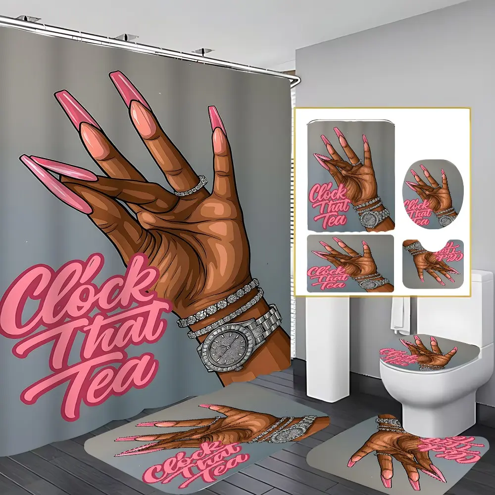 4 Pcs Clock That Tea Nails Bathroom Curtain Sets with 12 Hooks,Pink Long Nails Hand Large Waterproof Thickened Mildew Proof Bathroom Partition Curtain,Bathroom Shower Curtain,Toilet Lid Cover,Non-Slip Bathroom Rugs and U Shape Bath Mat,Modern Decor