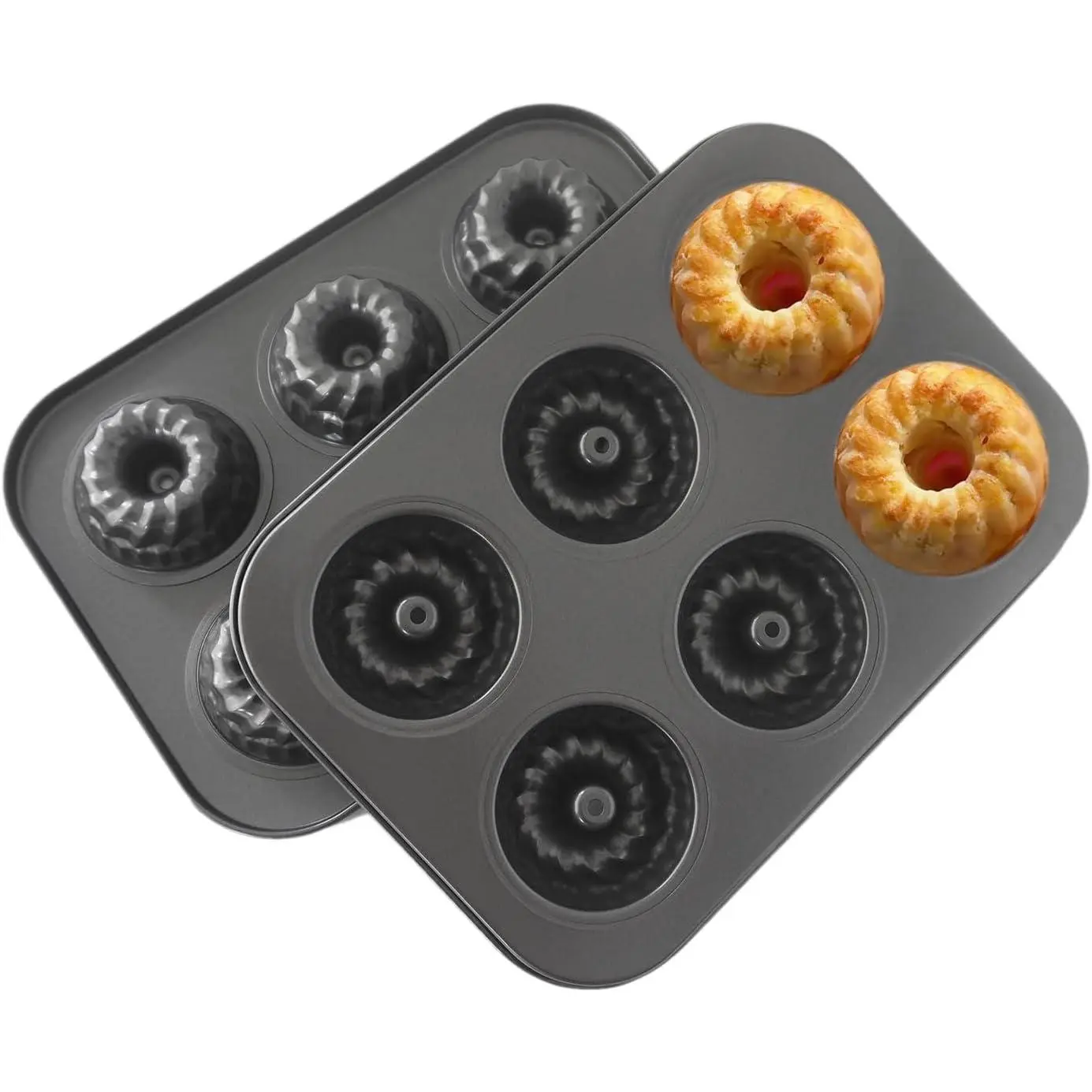 Mini Bundt Cake Pan for Baking, 2.5 Inch Small Fluted Tube Mold 6-Cavity Set of 2, Nonstick Carbon Steel Round Baking Cup for Little Cakes, 10.43" x 7.4" x 1.02"