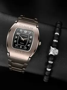2pcs Men's Fashion Quartz Watch Set with Leopard Bracelet, Perfect Gift for Father's Day, Christmas, Birthday, All Seasons