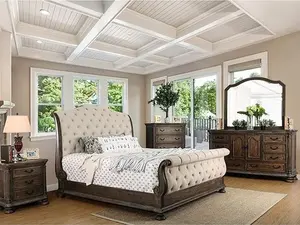 CM7663 4 pc Lark Manor Amad Lysandra Rustic Natural Tone Finish Wood Queen Fabric Tufted Sleigh Bed Set with Nightstand Dresser Mirror for Rustic Charm and Elegance Furniture