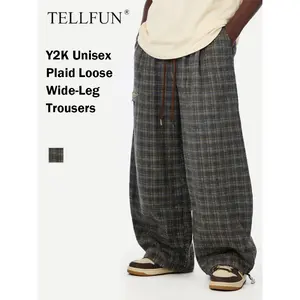 TELLFUN- Unisex Y2K Plaid Baggy Pants | Summer Elastic Waist Drawstring Wide Leg Trousers shorts work