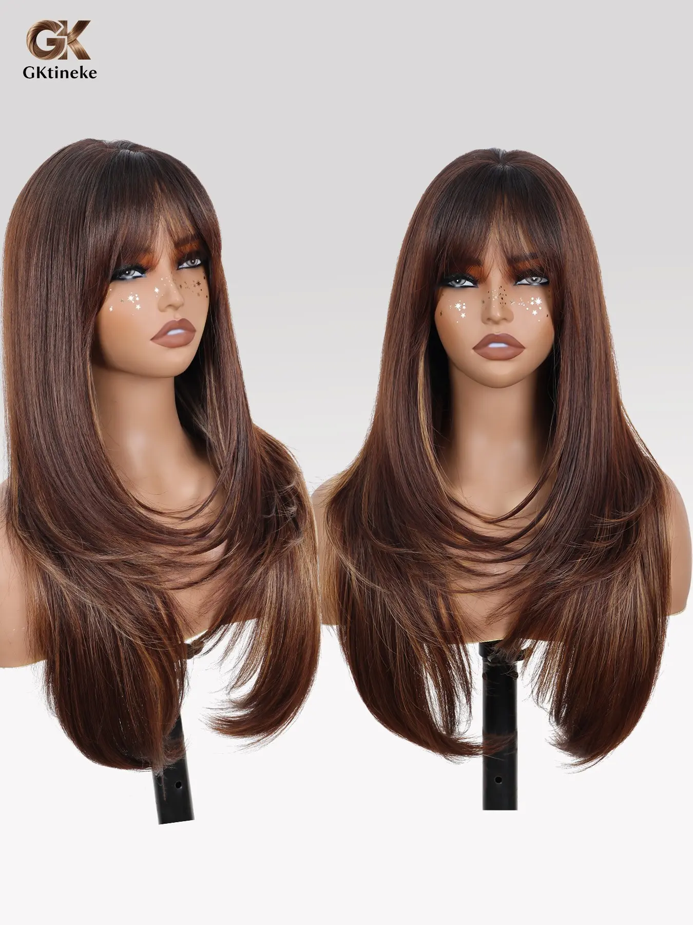 Gktineke Glueless Wig, 26-inch Non-Adhesive Brown-Gold Hairband Wig with Curtain Bangs, Long Straight Layered Synthetic Fibers with Realistic Scalp, Easy to Wear Hair Replacement Wig Suitable for Most People, Straight Synthetic Wigs
