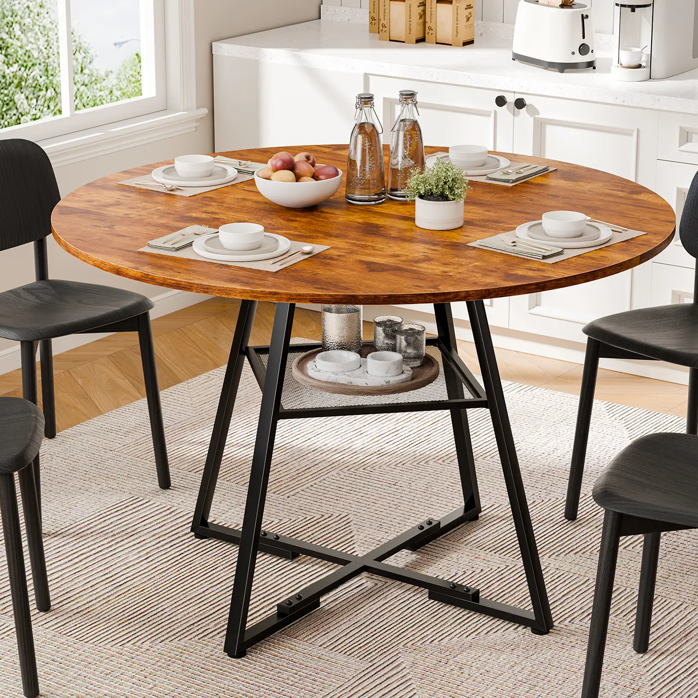 Round Dining Table, Kitchen Dining Room Circle Dinner Pedestal Table,Space Saving Wood Kitchen & Dining Room Furniture