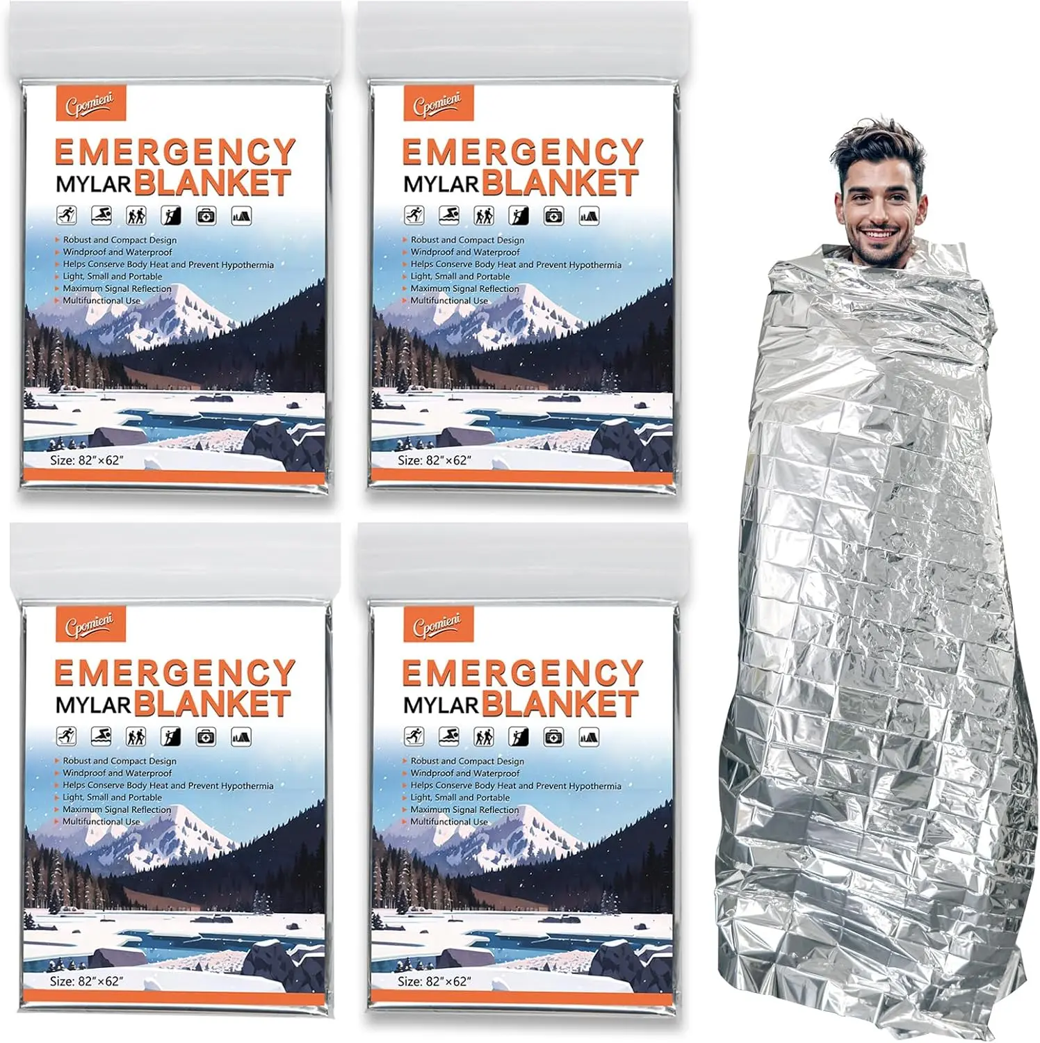 4-Pack Emergency Mylar Thermal Blankets | 82"x62" Perfect for Camping, Hiking, Body Insulation, Outdoors, Car Survival Kit, Bug Out Bag, Marathons or First Aid.
