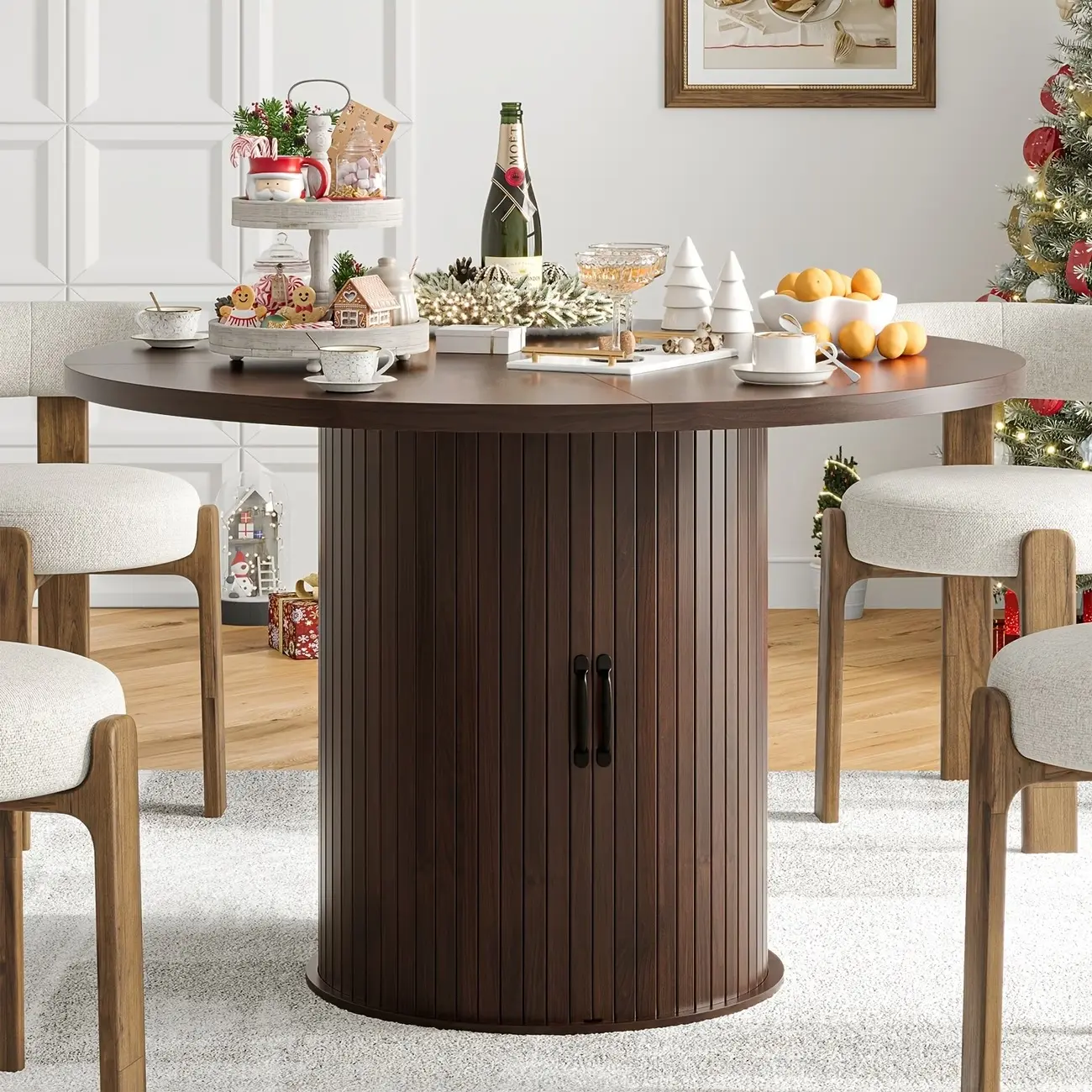 Aoxun 47'' Round Dining Table for 4 Kitchen Dining Table with Storage Dinner Table with 2-Layer Shelf and Wood Slide Door for Home Dining Room Living Room
