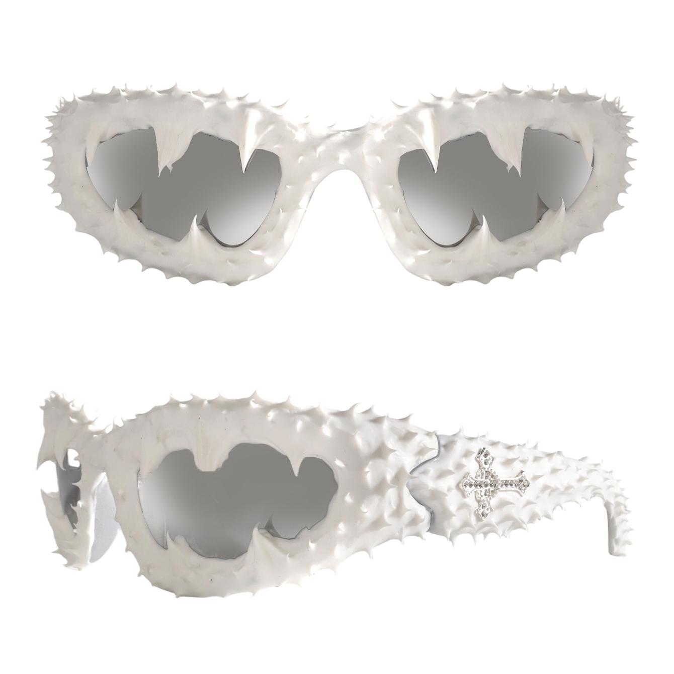 Edgy Spiked Wraparound Sunglasses - Brutalist Textured Frame with Bling Cross Embellishments, UV400 Shades Perfect for Cyberpunk Alt Girl Aesthetic and Festival Statement Looks