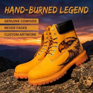 Handcrafted wood burning design, colorfast, custom patterns available, unisex styles for men and women. Sturdy rubber thick sole, waterproof cowhide upper,Western/cowboy style, suitable for hiking and mountaineering, retro motorcycle boots. High-top Men's