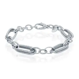 Sterling Silver Rope Design Oval and Round Linked Bracelet, MADE IN ITALY