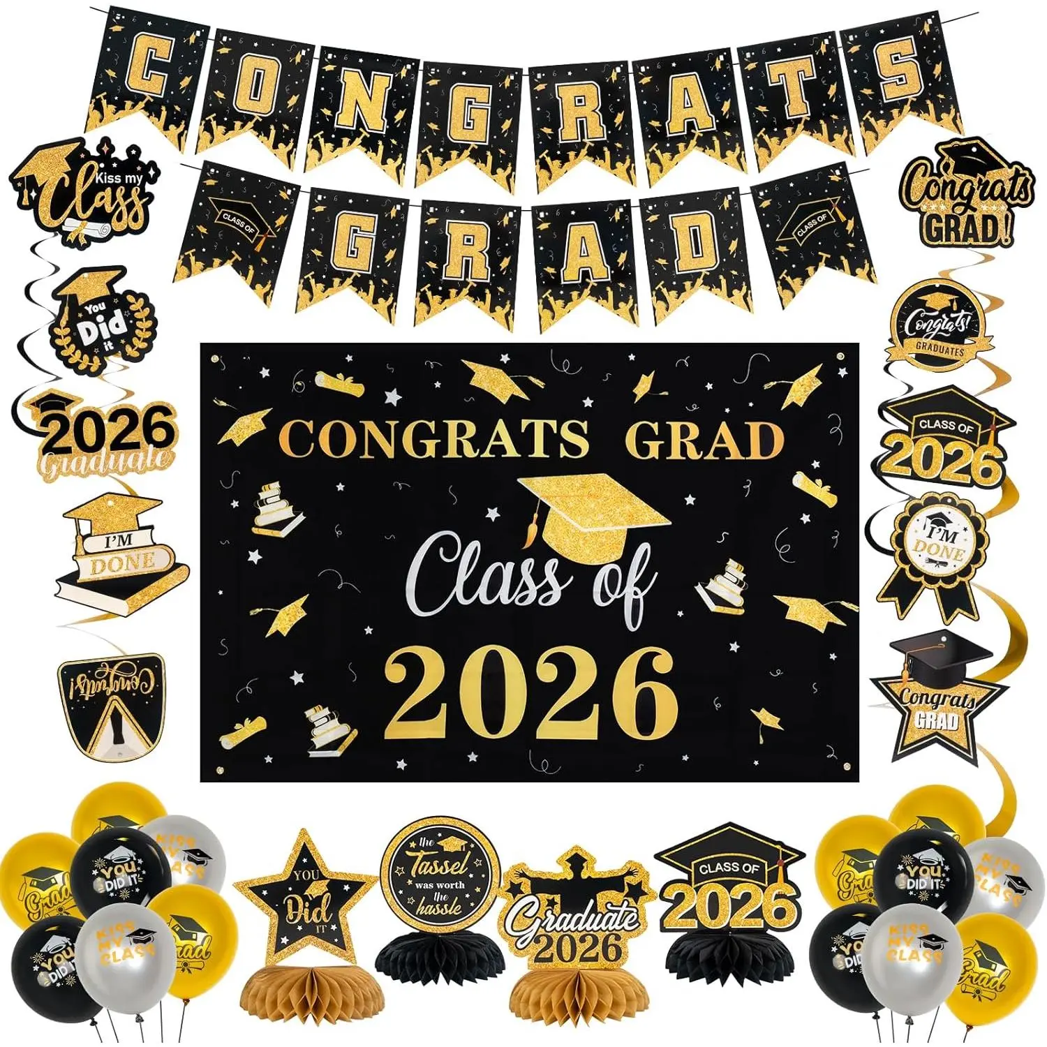 Graduation Decorations Set Class of 2026 Backdrop Congrats Grad Banner  Swirls Streamers Honeycomb Centerpieces Balloons Kit for High School Masters College PhD Grad Party Supplies