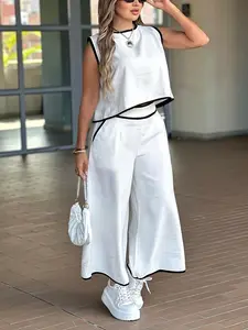 Trending White Summer Two Piece Set Women Wide Leg Pants & Sleeveless Crop Top With Side Pockets Back Tie Detail Casual Minimalist Style Vacation Outfit Womenswear