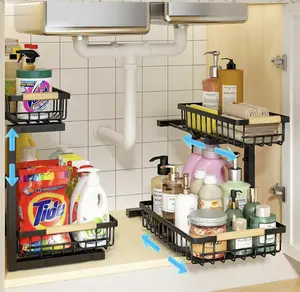 PETSOLA , Height Adjustable s and Storage, 2 Tier Pull Out Drawer Cabinet Organizer for Kitchen Bathroom