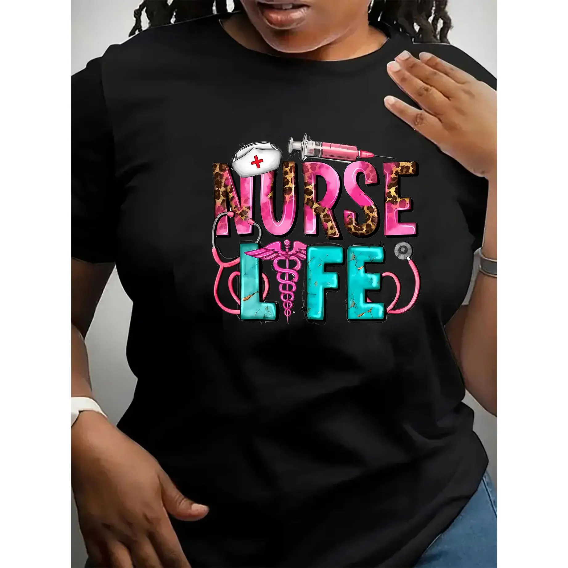 Nurse Life Graphic Print T-Shirt - Casual Crew Neck Short Sleeve Tee, Polyester Knit Fabric Blend with Medium Stretch, Geometric Pattern Design, Spandex Enhanced Comfort Fit for All Seasons