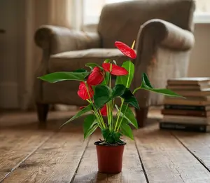 LZ13 / 4 Inch Potted Red Anthurium Live Flowering Houseplant, Flamingo Flower With Glossy Heart Green Leaves And Vibrant Waxy Red Blooms, Humidity Loving Tabletop Decor Plant For Desks, Window Ledges And Small Modern Indoor Living Areas