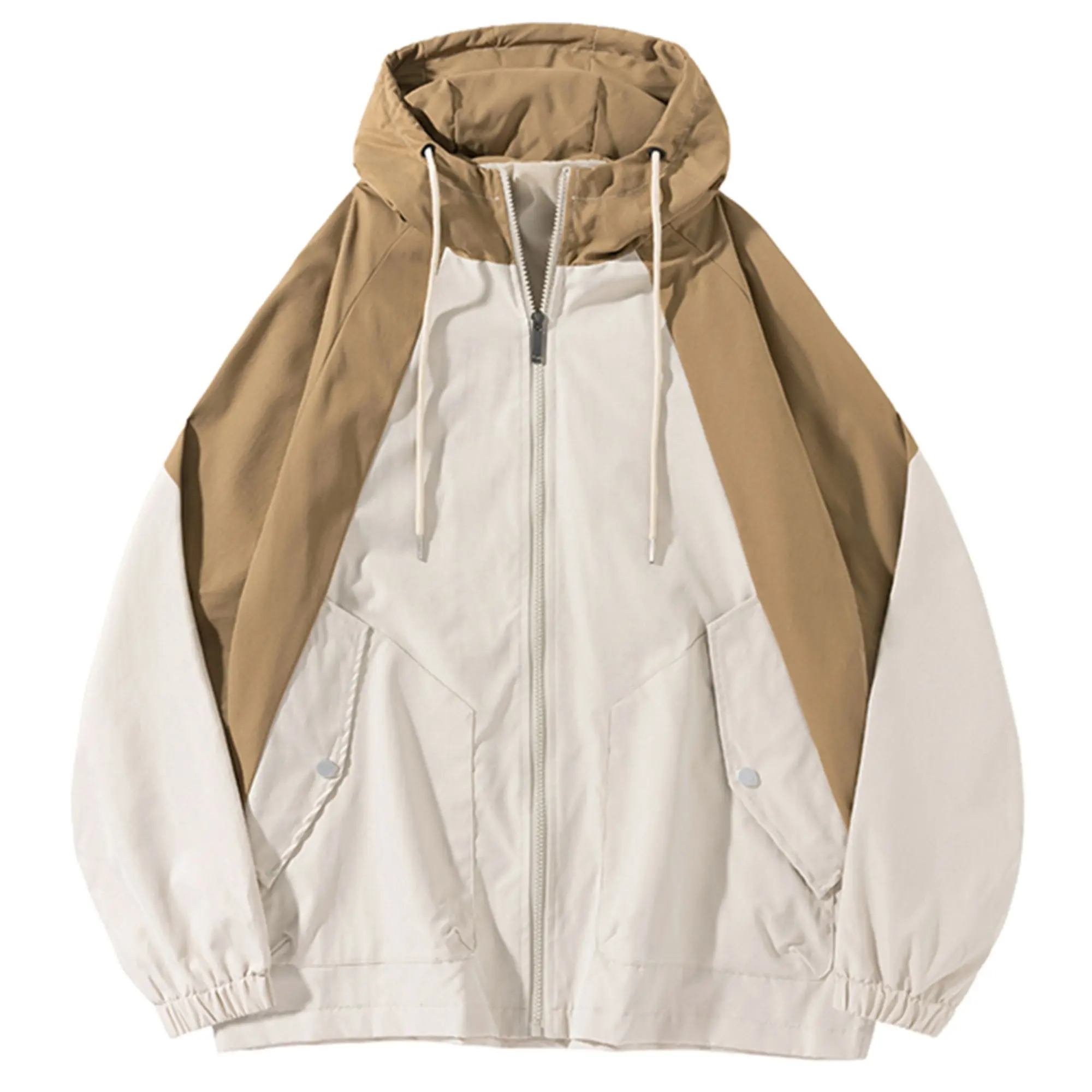 Japanese minimalist color-block men’s hooded windbreaker featuring khaki shoulder sleeves and a cream body, large slant pockets, and a full zip front—ideal for everyday commuting and casual wear; open-front cardigan top.