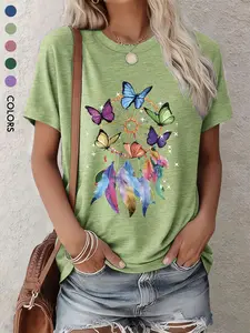 Women's Crew Neck Short Sleeve T-Shirts, Apparel, Colorful Butterfly Dreamcatcher Print, Pink/Blue/Green/Purple/Dark Green Holiday Casual Tops, Comfortable for Vacation, Outings & Holiday Gifting
