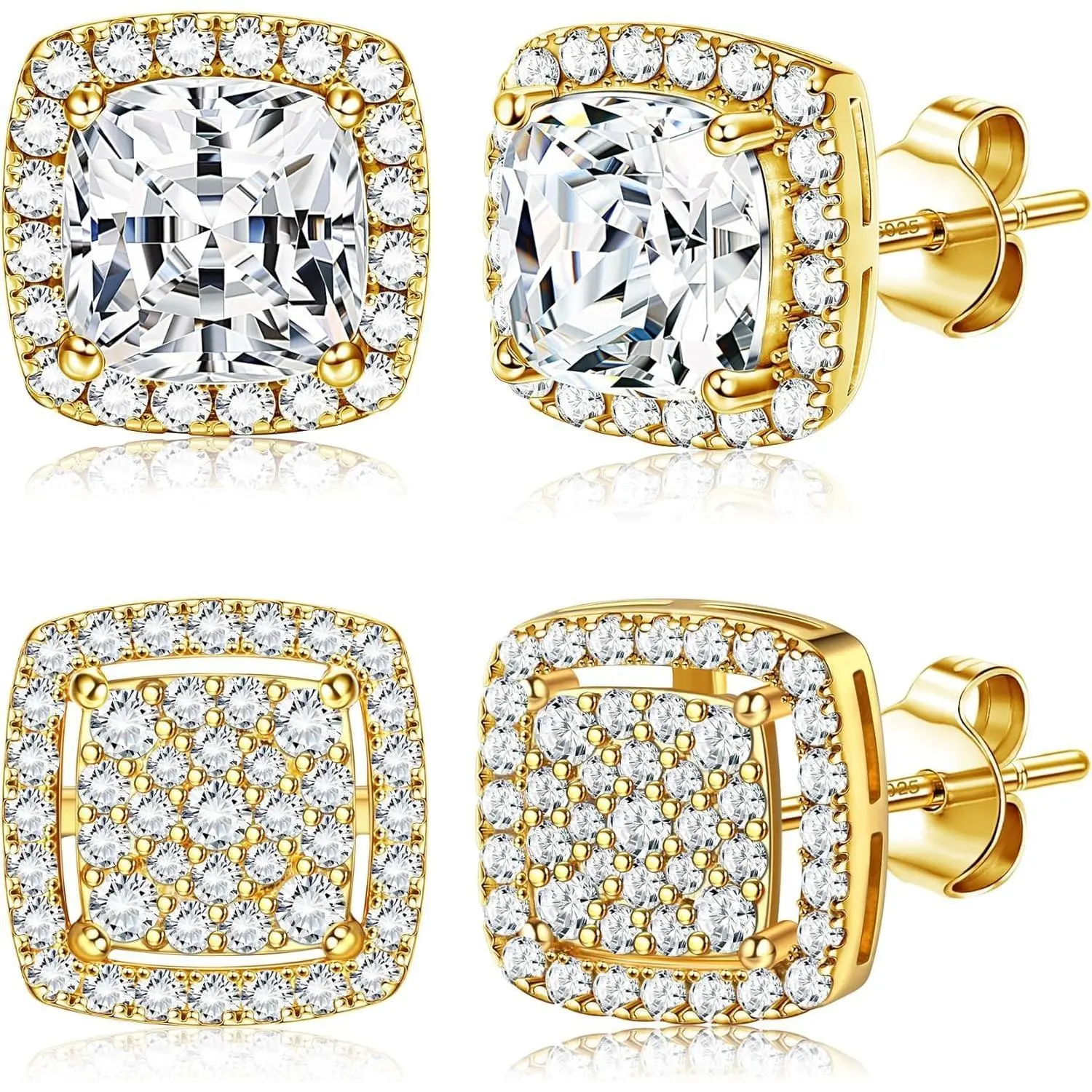 CASSIECA Cubic Zirconia Stud Earrings Set - 2-Pair Men's Versatile Earrings, Hypoallergenic Silver Post, Iced Out Round & Square CZ for Everyday Wear Summervibes, Earring For Women, Men's Earrings