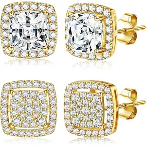 CASSIECA Cubic Zirconia Stud Earrings Set - 2-Pair Men's Versatile Earrings, Hypoallergenic Silver Post, Iced Out Round & Square CZ for Everyday Wear Summervibes