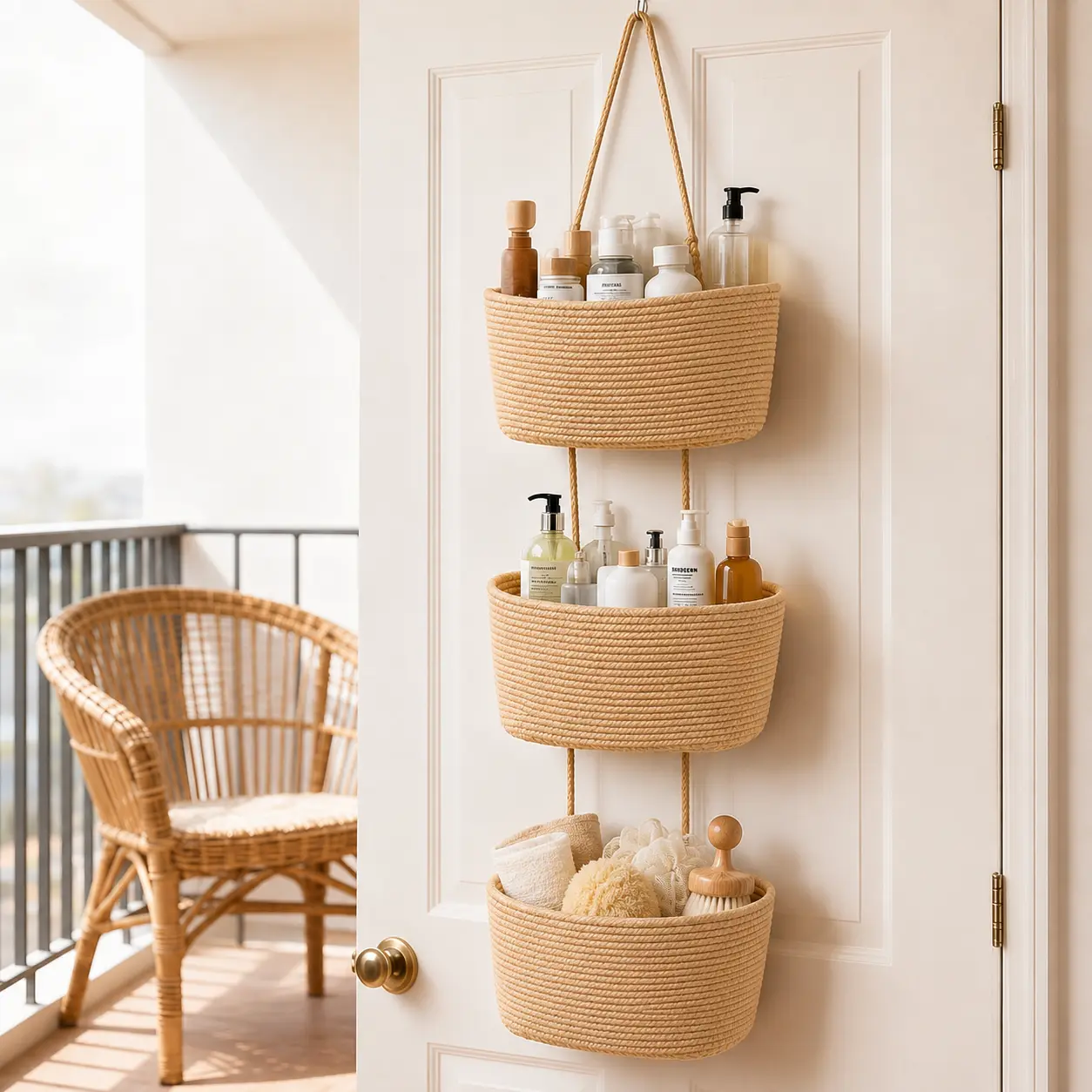 Woven cotton 3-Tier Over the Door Basket, Wall-Mounted Jute Storage Organizer – Decorative Nursery Baskets, Perfect for Busy Mom/Dad to Store Diapers & Toys small basket Gift Hook laundry basket house organizers