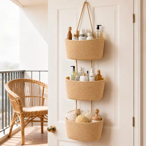 3-Tier Over-the-Door Woven Cotton Trapezoid Storage Basket with Gift Hook - 11in Wall-Mounted Jute Organizer, 44.5in Height, Adjustable, Fold & Store Easy Decorative Nursery Solution for Busy Parents, Friends Beauty Storage Needs