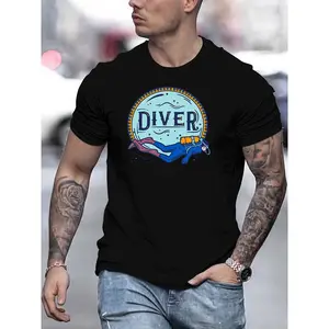 Men's Diver Print T-shirt, Casual Short Sleeve Crew Neck Tee, Men's Clothing For Outdoor