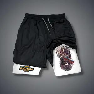 Digimon Anime 80s 90s Double-Layer Sports Shorts Graphic Shorts Black Camo Streetwear Shorts Men Outfits Men Vacation Outfits Shorts
