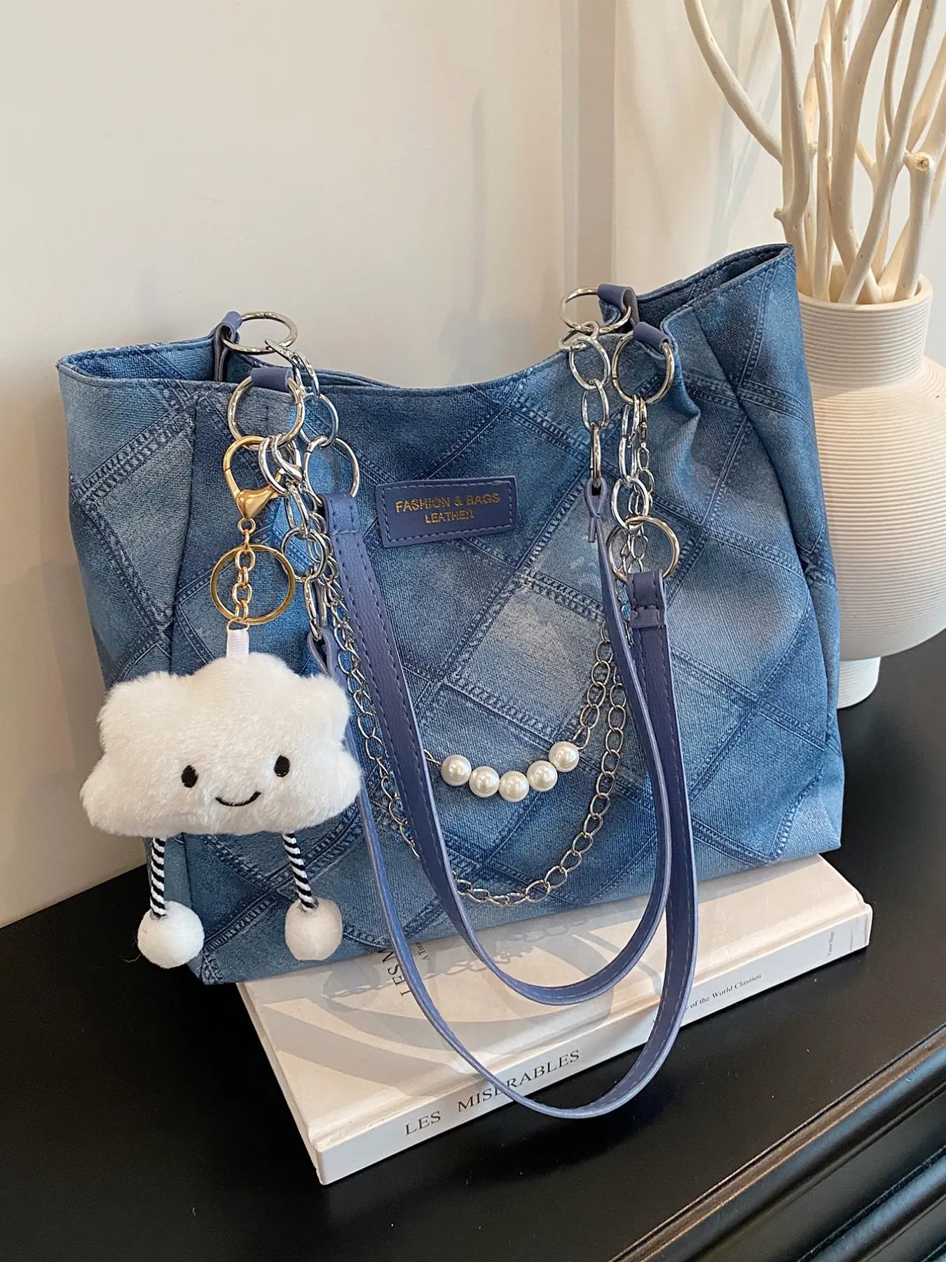 Women's Denim Color Plaid Print Tote Bag, Large Capacity Fashion Commuter Handbag, Shoulder Bag with Chain Strap, Casual Trendy Bag, Handbags, Fashionable Bags