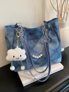 Women's Denim Color Plaid Print Tote Bag, Large Capacity Fashion Commuter Handbag, Casual Shoulder Bag with Chain Strap, Casual Handbags
