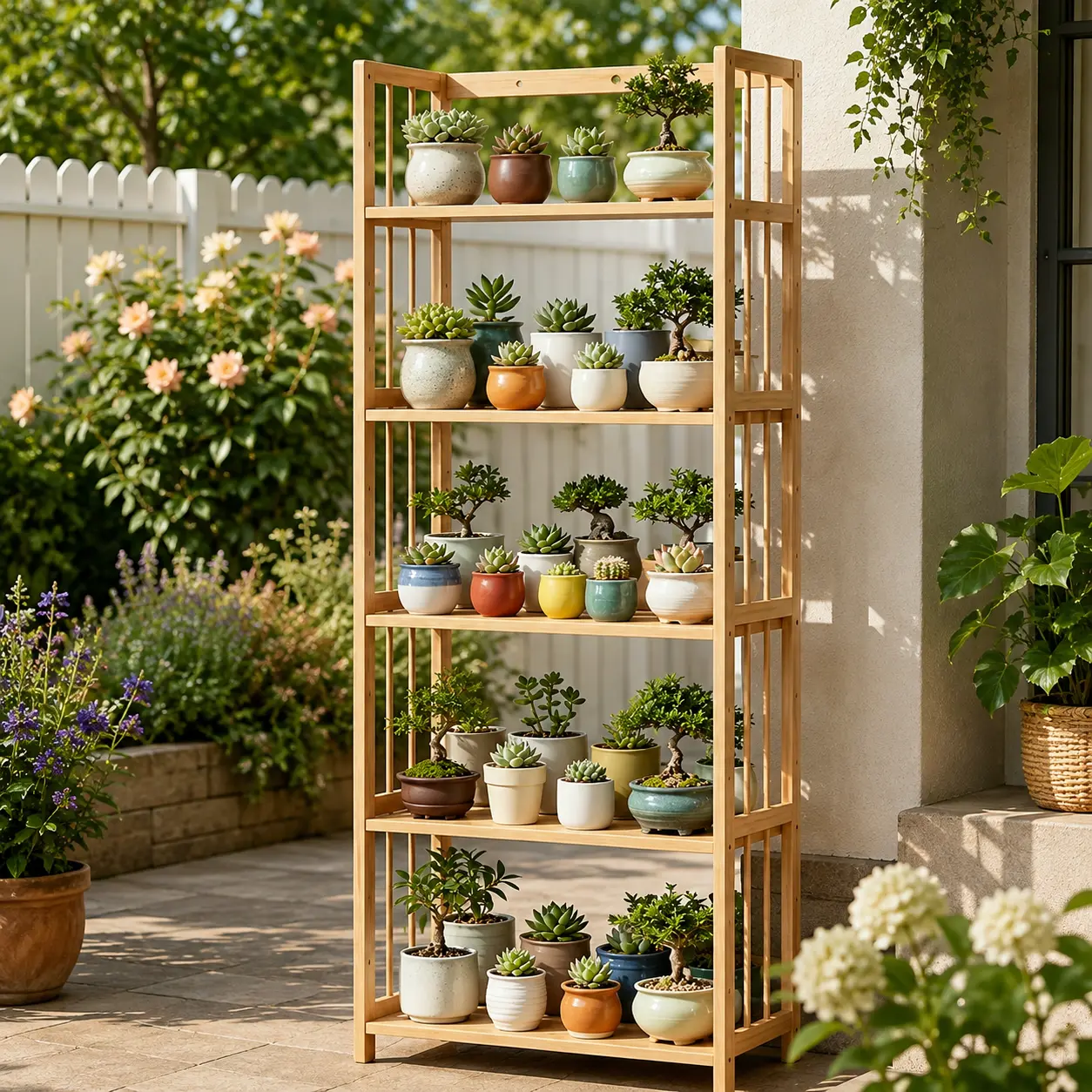 4/5-tier bamboo and wood multi-layer freestanding plant stand, balcony and courtyard planter storage rack, made of natural basswood that is sturdy, rot-resistant, and moisture-resistant, featuring a freely combinable modular design for indoor and outdoor