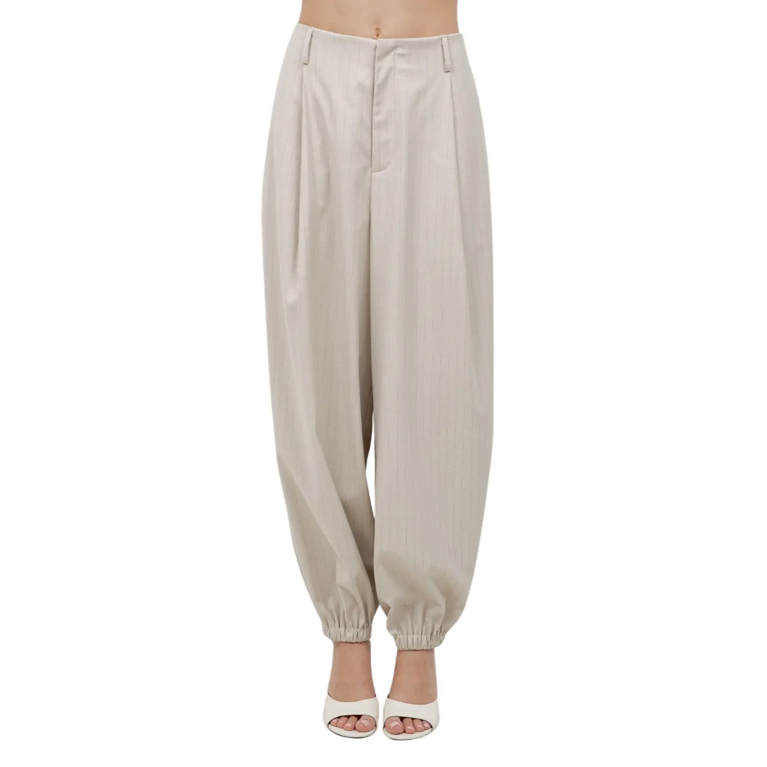 Beige Pinstripe Balloon Trousers