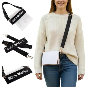 Crossbody Bookmark for Women - 10" Detachable Strap Embroidered Faux Leather Book Carrier Hands-Free,   for Book Lovers (Black)