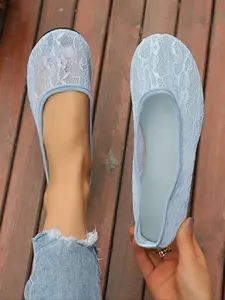 Women's Pink Lace Foldable Flat Shoes, Hollow Lace Upper with Round Toe, Non-Slip Portable Ballet Flats for Daily Wear