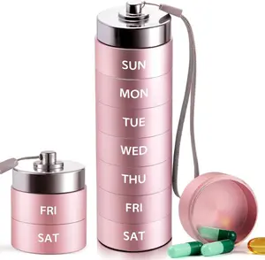 Upgraded Waterproof Metal Travel Pill Organizer Stackable Design 7-Day Vitamin Dispenser Lightweight Portable Aluminum Alloy Material Airtight & Waterproof Laser Engraved Letters BPA Free Healthcare Aid - Bottles, Cover