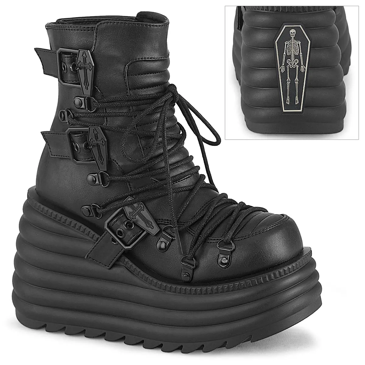 Demonia Morte-68 Women's Wedge Platform Ankle Boots in Black Vegan Leather