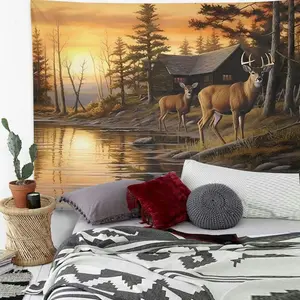 60in x 40in 1pc Rustic Deer and Forest Scenery Tapestry - Polyester Woven Wall Hanging for Bedroom and Living Room Decor, No Electricity Needed, Landscape Art