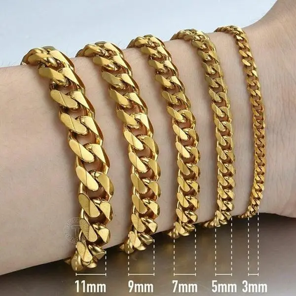 Gold Plated Stainless Steel Curb Cuban Link Chain Bracelet 7-11 inches for Unisex Women Men Birthday Christmas Gift Never Fade Never Tarnish