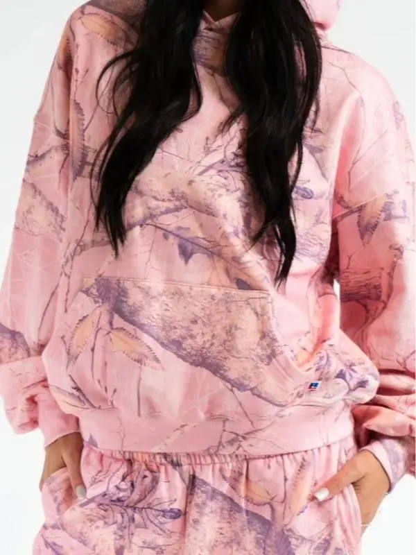Unisex Pink Woodland Camo Hoodie, Tree Branch Print Pullover Sweatshirt, Casual Outdoor Streetwear