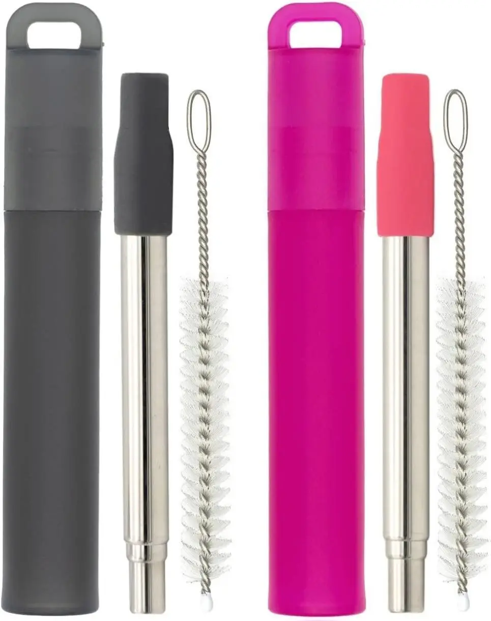 Metal Reusable Straws, 2 Pack Collapsible Portable Stainless Steel Straws, with Plastic Housing Silicone Tips and Cleaning Brush, Retractable Portable Pocket Drinking Straws