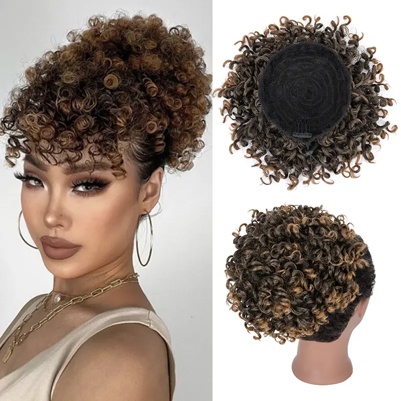 Afro Drawstring Ponytail Short Curly Hair Buns Hair Piece Synthetic Clip In Updo Ponytail Extension Wig