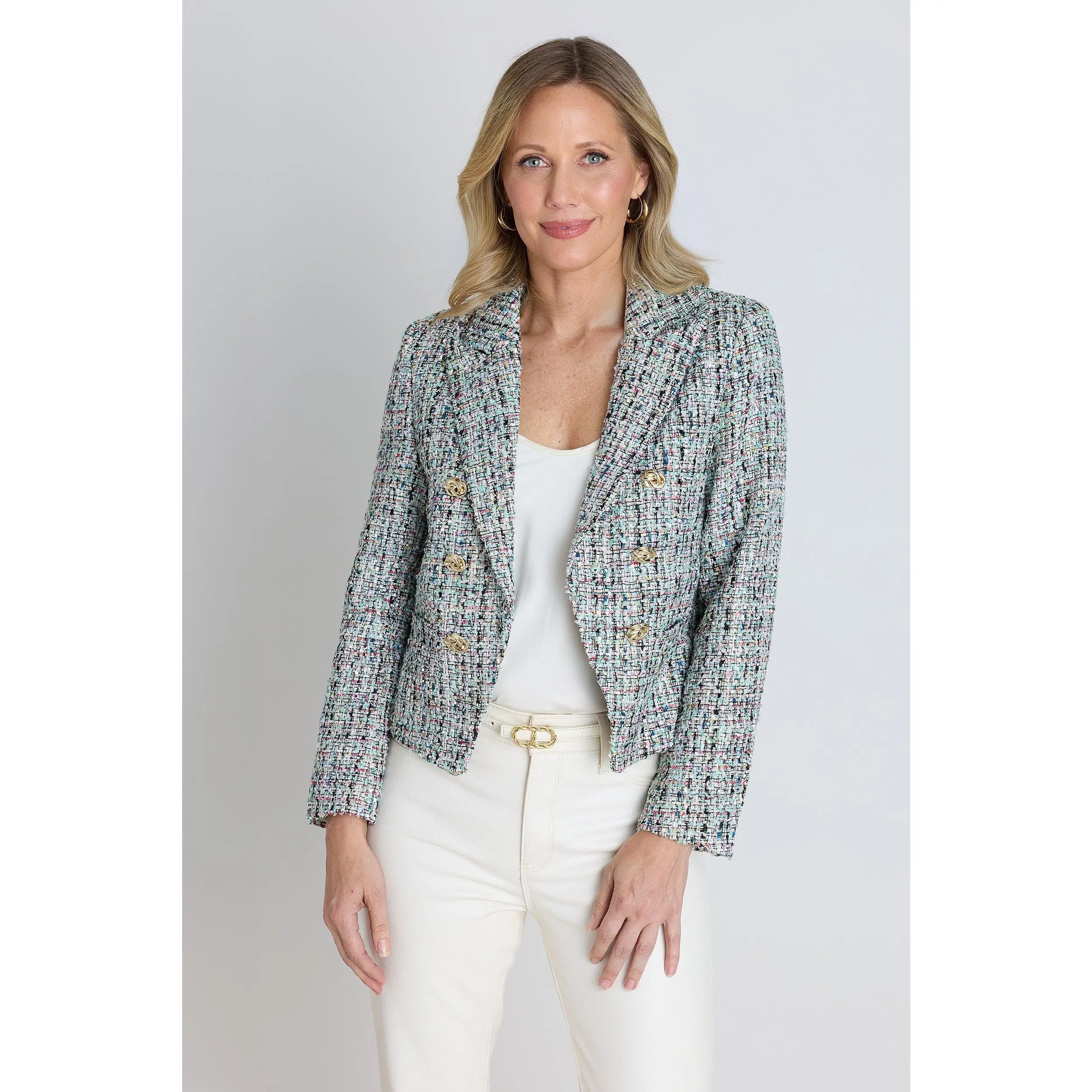 Gabrielle Double Breasted Tweed Blazer - Teal Multi