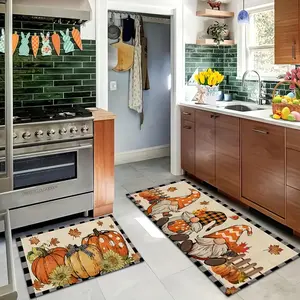 Two-Piece Pumpkin Kitchen Mat Set, Fall Kitchen Mats, Thanksgiving Decor Doormats, Family Seasonal Autumn Holiday Parties, Autumn Maple Leaf Harvest, Gratitude & Blessings, Subtle Floor Mats