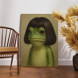 Funny Frog Girl Portrait Wall Art Print, Vintage Oil Painting Style Frog with Bob Hair, Whimsical Animal Character Artwork