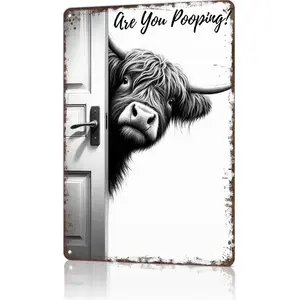 Are You Pooping? Highland Cow Funny Metal Tin Sign, 12x8 Inch Aluminum Wall Art, Vintage Rustic Humorous Poster for Bathroom, Restroom, Farmhouse Decor, Funny Gift for Cow Lovers, Bathroom Decor, Novelty Sign for Home, RV, Bar